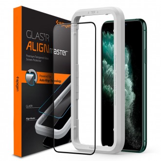 Apsauginis stiklas juodais krašteliais "Spigen ALM Glass FC” su montavymo rėmeliu telefonui iPhone 11 Pro Max