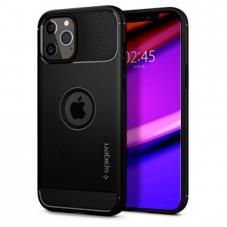 Juodas tekstūrinis dėklas "Spigen Rugged Armor" telefonui iPhone 12/12 Pro