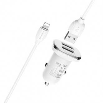 Automobilinis įkroviklis Borofone BZ12 USB + Lightning (2.4A) baltas