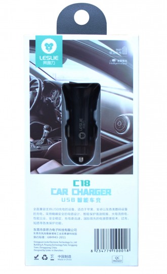 Juodas automobilinis įkroviklis "Leslie" C18 su 2 USB jungtimis 2.4A (1A+2A)