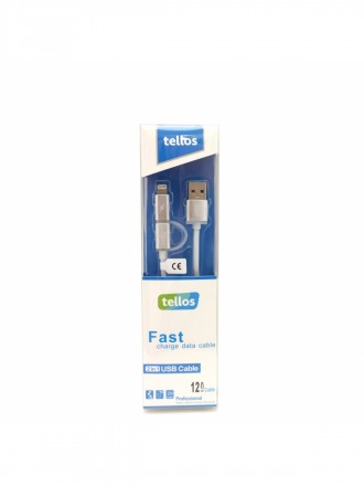 USB kabelis "Tellos" TPE 2in1 "microUSB"-"Lightning" sidabrinis, 1.2m